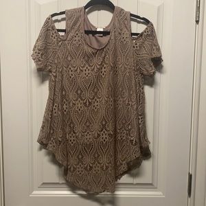 Taupe Lacy peek-a-boo shoulder top